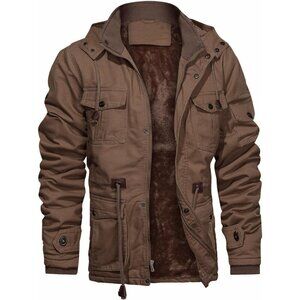 Mens Brown Thick Winter Jacket Hooded Fleece Lined Cotton Military Coat